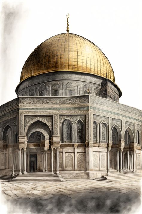 Al Aqsa Mosque Drawing, Muslim Architecture, Mosque Drawing, Earth Illustration, Perspective Drawing Architecture, Mosque Art, Dome Of The Rock, Islamic Caligraphy Art, Muslim Pictures