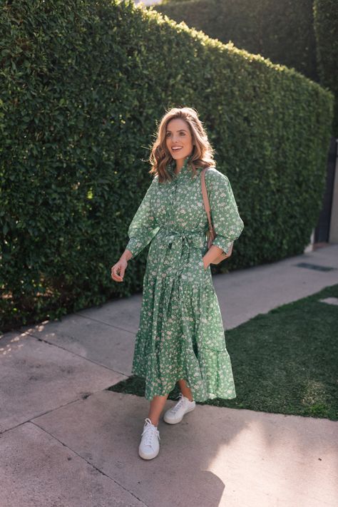 A Green and White Floral Shirtdress in California | Gal Meets Glam Dress And Sneakers Outfit, Pink Flower Girl Dresses, Gal Meets Glam, Muslim Fashion Outfits, Modest Clothing, Looks Chic, Wrap Dress Floral, Dress With Sneakers, Shirtdress