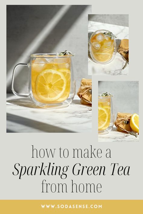 We all know and love a classic green tea recipe, but have you ever tried Sparkling Green Tea? Sparkling Green Tea is a bubbly alternative to your warm or iced green teas. The bubbles completely change the flavor profile, and with a garnish of sage, your classic green tea can easily be the star of the show. Click the link now to learn how to make Sparkling Green Tea from home. Sparkling Green Tea, Diy Soda, Tea Soda, Green Tea And Honey, Green Tea Recipes, Iced Green Tea, Green Teas, Soda Machines, Soda Recipe