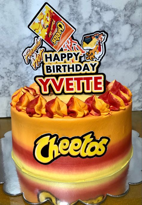 Hot Cheetos Cake, Hot Cheetos Birthday Cake, Flaming Hot Cheetos Party Ideas, Recipes With Flaming Hot Cheetos, Chetos Flaming Hot, Flaming Hot Cheetos, Latest Birthday Cake, Chili Party, Cheetos Crunchy