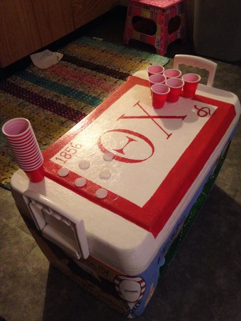 Mini beer pong! Velcro on cups and cooler so they don't fall off. Theta chi fraternity cooler. Mini Beer Pong, Theta Chi Fraternity, Mountain Weekend Cooler, Parking Lot Party, Sorority Coolers, Fraternity Cooler, Formal Cooler Ideas, Theta Chi, Fraternity Coolers