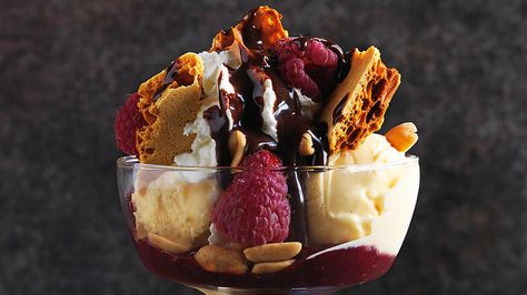 Ice-cream sundaes | Ice cream recipes | SBS Food Lotus Ice Cream, Diet Water, Chocolate Sundae, Dating Ideas, Yummy Ice Cream, Raspberry Sauce, Australian Food, Ice Cream Desserts, Ice Cream Sundae