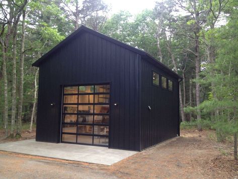 Morton pole building Pole Building Garage Ideas, Steel Shop Building, Metal Gym Building, Black Metal Shop Building, Black Pole Building, Black Metal Garage, Black Metal Building, Small Metal Garage, Black Pole Barns