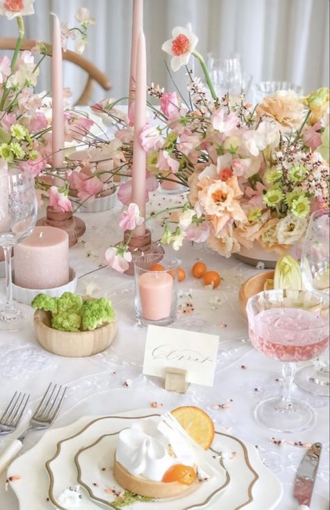 Mail Inspired 2023, Floral Bridal Shower Table Setting, Garden Dinner Party Table Setting, Summer Tablecloth Ideas, Table Decorations Bachelorette Party, Pink And Sage Table Decor, Floral Bridal Shower Decorations Table Centerpieces, Love Is In Bloom Bridal Shower Table Decor, Garden Pastel Wedding