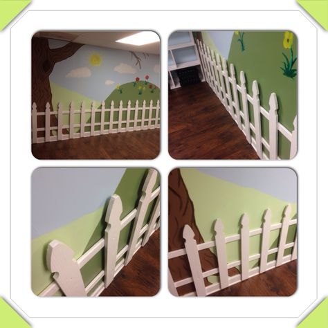 DIY Kids Playroom Mural and Real Fence! Kids Playroom Mural, Diy Kids Playroom, Kids Playroom Colors, Kids Playroom Basement, Big Kids Playroom, Playroom Curtains, Play Therapy Room, Playroom Mural, Kids Playroom Art