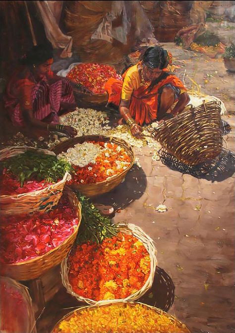 India Culture Paintings, Indian Aesthetic Art, Goal Of Developed India Paintings, Karnataka Culture Painting, India In 2030 Painting, Folk Paintings Of India, India Illustration, Market Illustration, India Aesthetic