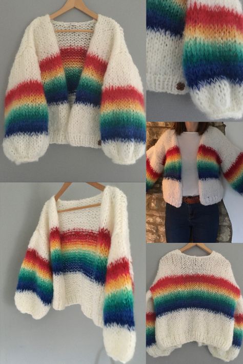 Rainbow Cardigan Crochet, Mohair Crochet Sweater, Mohair Crochet, Happy Rainbow, Beginner Crochet Tutorial, Chunky Knitting Patterns, Rainbow Crochet, Mohair Cardigan, Yarn Projects