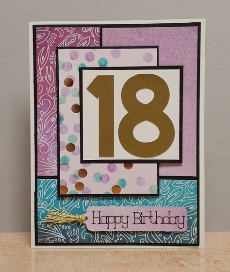 18th Birthday Card Number Birthday Cards Handmade, 18th Card Ideas, Stampin Up 18th Birthday Cards, 18th Birthday Cards Handmade, 18th Birthday Cards Diy, 18th Birthday Card Diy, Handmade 21st Birthday Cards Ideas, 18th Birthday Scrapbook Ideas, Diy 18th Birthday Cards