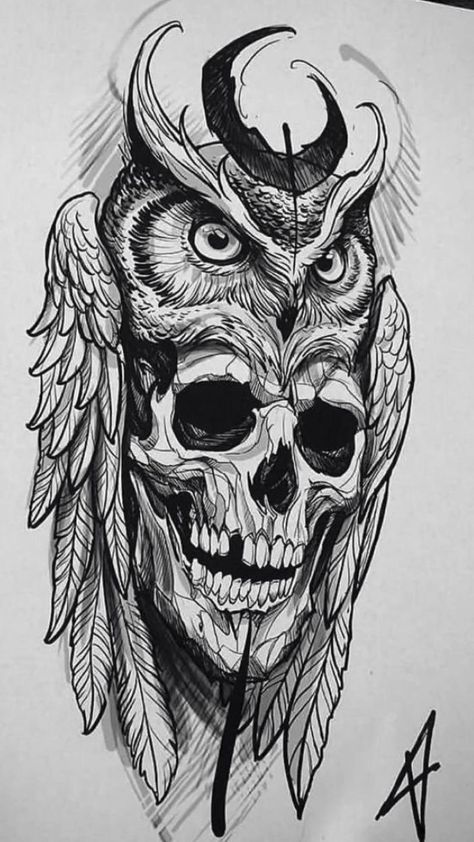 Owl And Skull Tattoo, Tato Joker, Owl Skull Tattoos, Owl Tattoo Drawings, Tier Tattoo, Kunst Tattoos, Skull Art Drawing, Owl Tattoo Design, Skulls Drawing