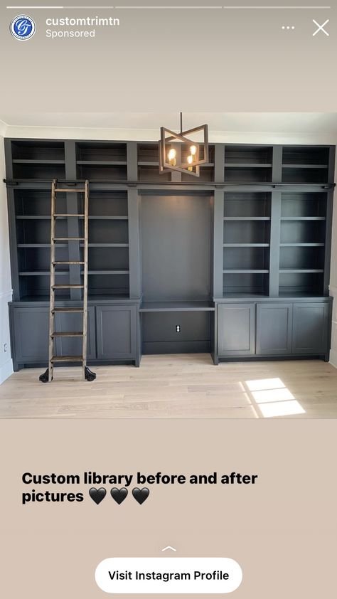 Office Built Ins With Ladder, Home Library Office Bookcase Wall, Built In Desk And Shelves Living Room, Dark Built In Bookshelves, Den Office Combo, Built In Bookshelves With Desk, Restoration Hardware Bookshelf, Office And Library Combo, Bookshelves With Ladder