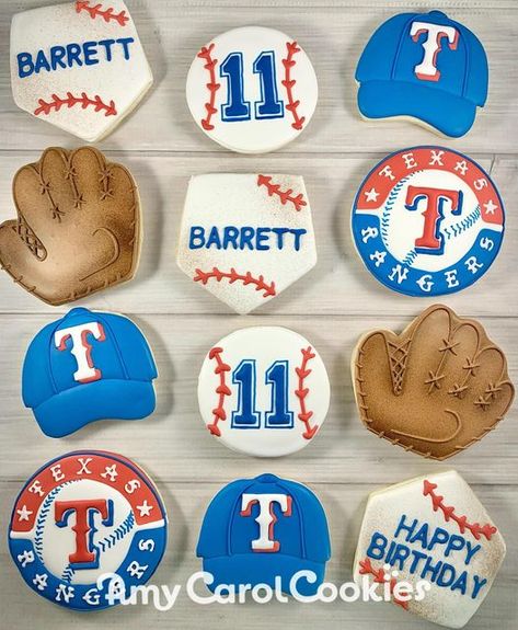 Rookie Year First Birthday Cookies, Texas Rangers Birthday Party, Sandlot Cookies Decorated, Texas Rangers Cookies, Rookie Year Cookies Baseball, Texas Rangers Cookies Decorated, Baseball Birthday Cookie Cake, Ranger Cookies, Baseball Cookies