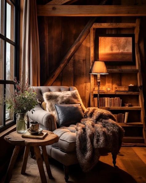 Scottish Cottage Interior, Moody Cabin, Warm Christmas Decor, Ski Apartment, Fireplace Sitting Area, Cabin Room, Wood Cabin, Cozy Nooks, Ranch Decor