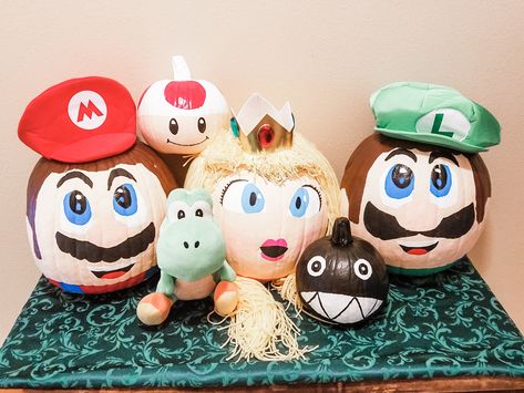 Mario, Toad, Peach, Luigi, Chain Chomp Super Mario Pumpkins, Mario Brothers Pumpkin Painting, Mario Bros Pumpkin Painting, Mario Pumpkins Painted, Super Mario Bros Pumpkin Painting, Princess Peach Pumpkin Painting, Mario Brothers Pumpkin, Mario Painted Pumpkin, Mario Pumpkin Decorating