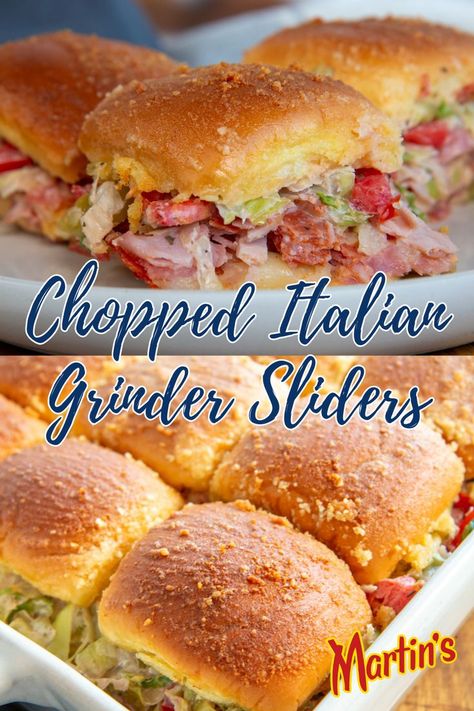 These chopped Italian grinder sliders are the perfect dish for any crowd. Chop up pepperoni, ham, salami, provolone, then top with a delicious grinder salad mixture. Serve warm with Martin’s Sweet Dinner Potato Rolls. These sliders are a hit!