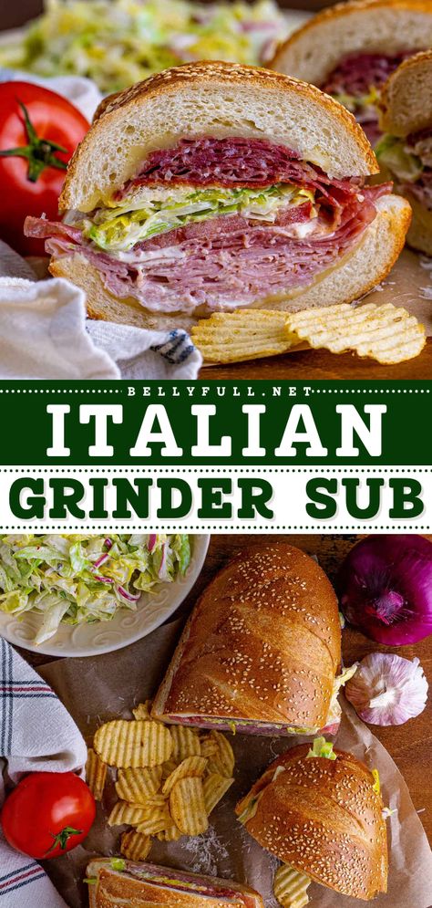 Need a quick and easy dinner? Learn how to make Italian Grinder Sub! With the perfect combo of the classic Italian sub and the TikTok viral grinder salad, this sandwich idea is flavor-packed. Save this 30-minute recipe! Grinder Subs Recipes, Italian Combo Sandwich, Italian Combo Sandwich Recipe, Viral Sub Sandwich, Viral Sandwich Recipe, Grinders Sandwiches Recipe, Italian Sub Sandwich Recipe, Baked Italian Sub Sandwich, Hot Italian Subs Sandwich