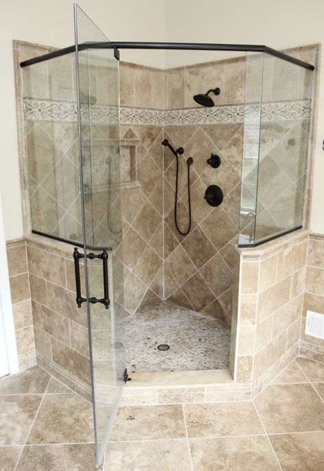 Corner shower Tile Shower With Corner Bench, Corner Shower Design Ideas, Corner Tub To Shower Conversion, Corner Shower No Door, Large Corner Shower Ideas, Corner Shower Dimensions, Bathroom Corner Shower Ideas, Walk In Shower Corner, Corner Shower Ideas For Small Bathrooms