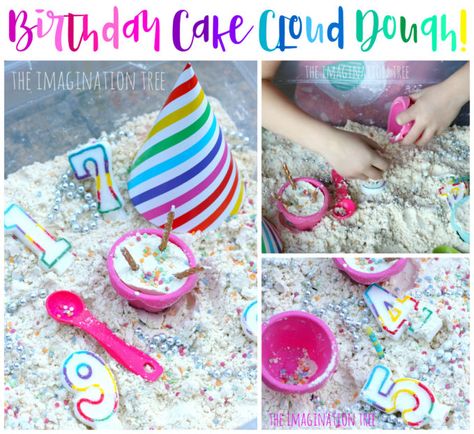 Birthday Cake Cloud Dough Birthday Cake Cloud, Cake Number One, Toddler Activity Bags, 28th Birthday Cake, Ideas For Birthday Cake, Preschool Birthday, Cake Number, Moon Sand, Imagination Tree