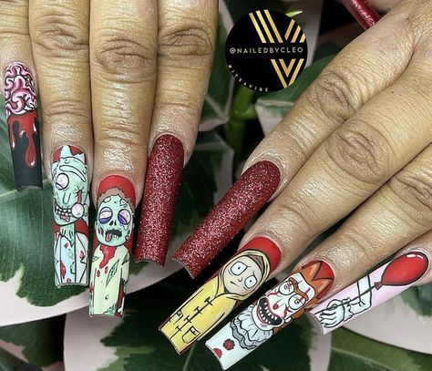 Halloween Characters Nails, Rick And Morty Halloween, Character Nails, Mail Designs, Horror Nails, Red Ghost, Cartoon Nails, Halloween Acrylic Nails, Cute Halloween Nails