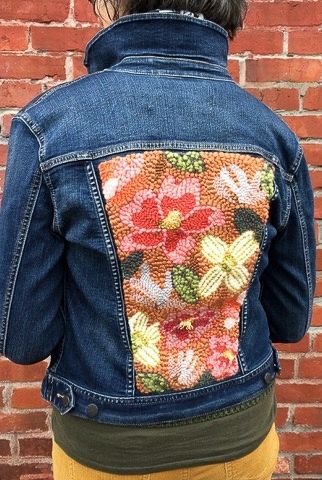 Punch Needle Denim Jacket, Punch Needle Jean Jacket, Tufted Clothes, Punch Needle Clothing, Punch Needle Jacket, Punch Needle Clothes, Modern Punch Needle, Needles Clothing, Punch Needle Art