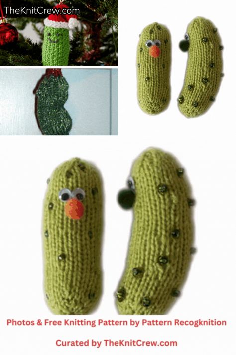 Make a knitted pickle with these 6 beginner-friendly free patterns, perfect for gifts and as DIY décor for any occasion. All the designs in the collection have direct links to the pattern with credit to the designer and short info for you to decide if they are the right ones for you. Christmas Pickle Crochet Pattern Free, Knitted Pickle Pattern, Knit Pickle Pattern, Free Knitting Pattern For Ugly Sweater Ornament, Knit Vegetables Free Pattern, Sweater Ornament Knitting Pattern, Knitted Food, Christmas Pickle Ornament, Beginner Patterns