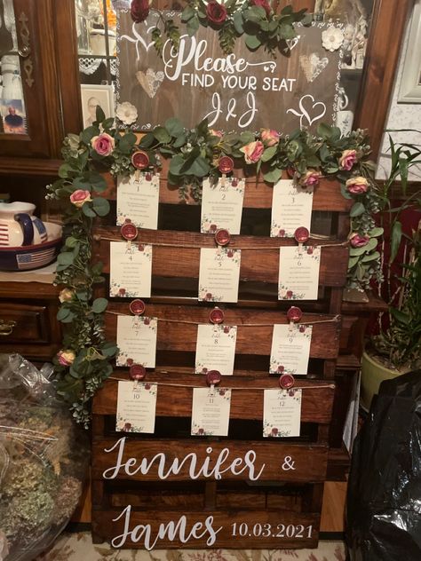 Old pallet stained makes a perfect seating chart for a rustic wedding venue Pallet Seating Chart Wedding, Pallet Seating Chart, Wedding Pallet, Seat Chart, Pallet Seating, Pallet Wedding, Rustic Wedding Venues, Old Pallets, Wedding Name