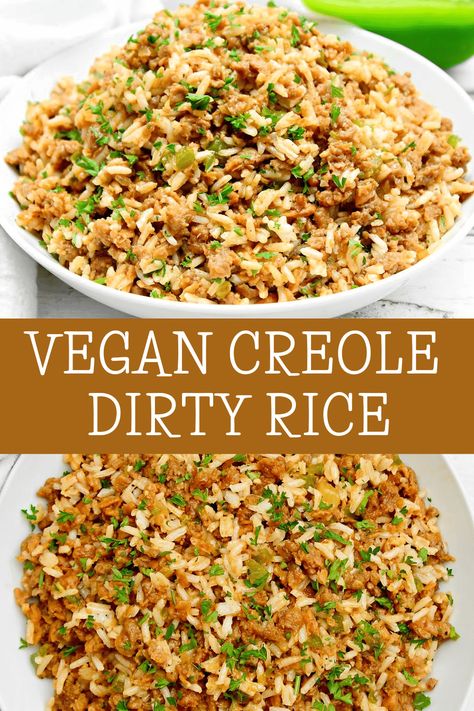 Dirty Rice ~ Bring a taste of New Orleans to the table! This Creole-style dish is packed with strong, spicy, and rich flavors of Louisiana. via @thiswifecooks Vegan Dirty Rice Recipe, Mississippi Food, Dirty Rice Recipe, Vegan Ground Beef, Buttered Vegetables, New Orleans Recipes, Dirty Rice, Rice Ingredients, Vegan Sausage