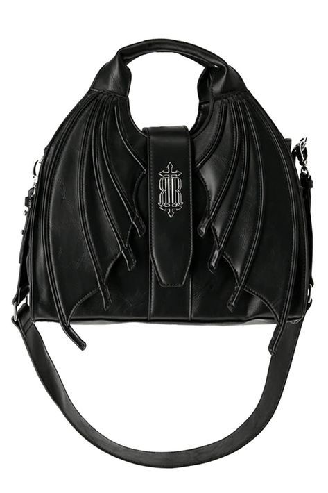 PRICES MAY VARY. Gothic bag of faux leather by Restyle The bag decorated with large bat wings and is secured by zip & magnetic flap Top handle and wide detachable shoulder strap Fully lined interior with two open pockets inside and central small zipped pocket Approximate size: height: 27cm/10.6" length: 32.5cm/12.7" and depth: 12.5cm/4.9" Gothic bag of faux leather by Restyle . The bag decorated with large bat wings and is secured by zip & magnetic flap. Top handle and wide detachable shoulder s Bat Purse, Restyle Clothes, Gothic Purse, Gothic Bag, Attitude Clothing, Faux Leather Purse, Faux Leather Handbag, Closet Goals