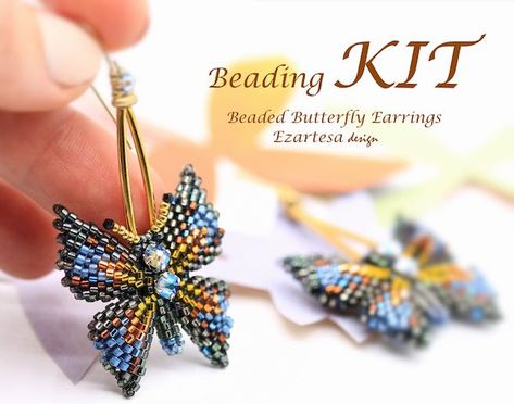 Creative Beaded Jewelry Tutorials and Kits by EzartesaJewelry - The Beading Gem's Journal Beaded Butterfly Earrings, Beading Materials, Beading Instructions, Seed Bead Tutorials, Wrap Bracelet Tutorial, Butterfly Tutorial, Beaded Butterfly, Earrings Tutorial, Seed Bead Pattern