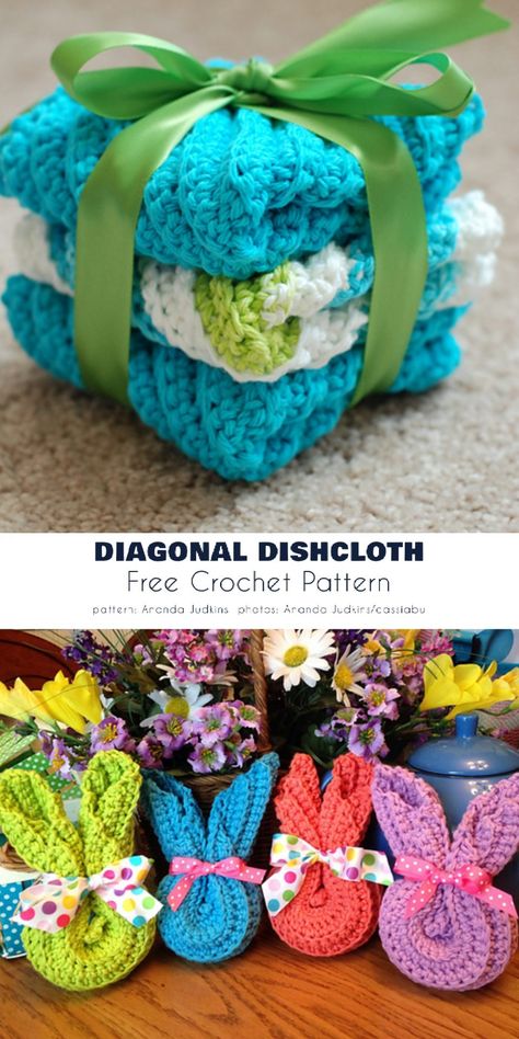 Diagonal Dishcloth Free Crochet Pattern Diagonal Dishcloth Crochet Pattern, Dishcloth Gift Ideas, Crochet Animal Washcloth, Dishcloth Gift Basket, Crochet Diagonal Dishcloth Pattern Free, Washcloth Gift Ideas, Crocheted Easter Items, Easter Crochet Projects, Easter Crochet Patterns Free Easy