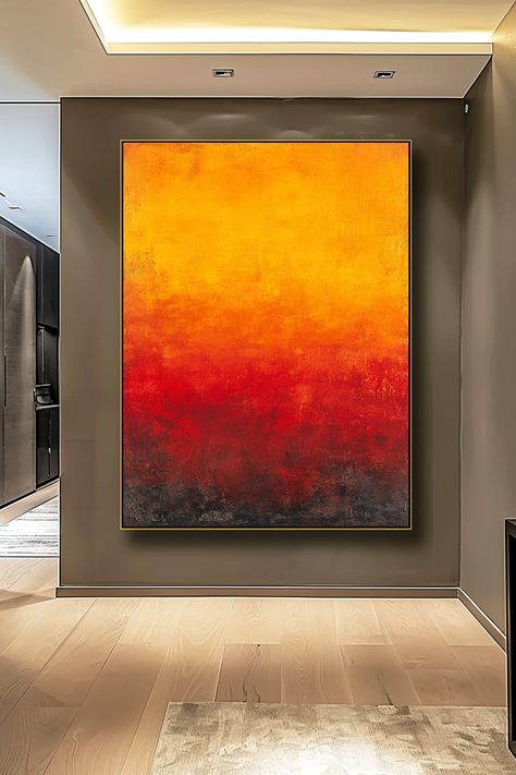 Original handmade abstract painting depicting a vibrant sunset with layers of yellow, orange, and red fading into dark tones Abstract Sunset Painting, Abstract Sunset, Sunset Painting, Handmade Artwork, Diy Art Painting, Photo Inspo, Modern Wall Art, Yellow Orange, Modern Wall