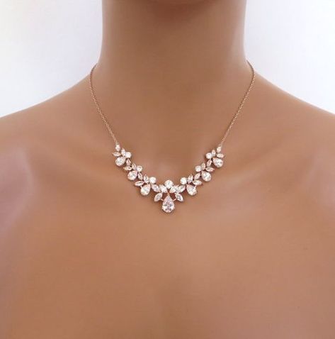 Delicate Rose Gold Cubic Zirconia Bridal Necklace, Rose Gold Necklace Set, Rose Gold Wedding Jewelry, Gold Bridal Necklace, Wedding Accessories Jewelry, Gold Necklace Set, Bridal Bracelet, Rose Gold Jewelry, Crystal Drop Earrings