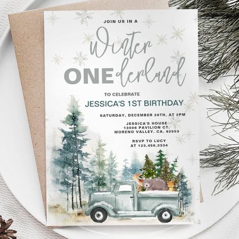 $3.08 | Winter Truck Onederland Forest 1st Birthday | Baby Shower Invitations | woodland boy baby shower invite, rustic forest pine trees, animal adventure, 1st birthday, winter onederland 1st birthday, onederland, onederland snowflake 1st birthday, winter truck, blue truck, animal woodland Adventure 1st Birthday, 1st Birthday Onederland, 1st Birthday Winter Onederland, Forest 1st Birthday, Woodland 1st Birthday, Winter Truck, Blue Truck, 1st Birthday Invitation, Winter Onederland