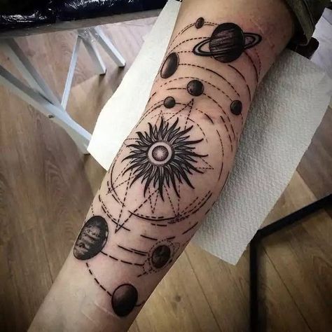 Geometric Sun, Planet Tattoos, Tattoos Geometric, Detailed Tattoo, Lace Tattoo, Space Tattoo, Sun Tattoo, Sleeve Tattoos For Women, Pattern Tattoo