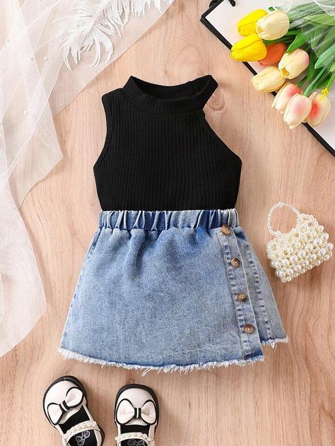 Girls Denim Skirts, Denim Skirt Outfits, Baby Dress Design, Girls Vest, Girl Dress Patterns, Trendy Dress Outfits, Kids Designer Dresses