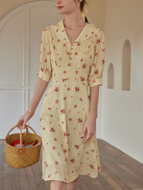 Yellow Elegant  Half Sleeve Polyester Floral Shirt Embellished Non-Stretch Summer Women Dresses House Dress Pattern, Floral Shirt Outfit, 40s Outfits, Midi Floral Dress, Korea Dress, Shirt Dress Outfit, Simple Retro, Future Clothes, Dress Simple