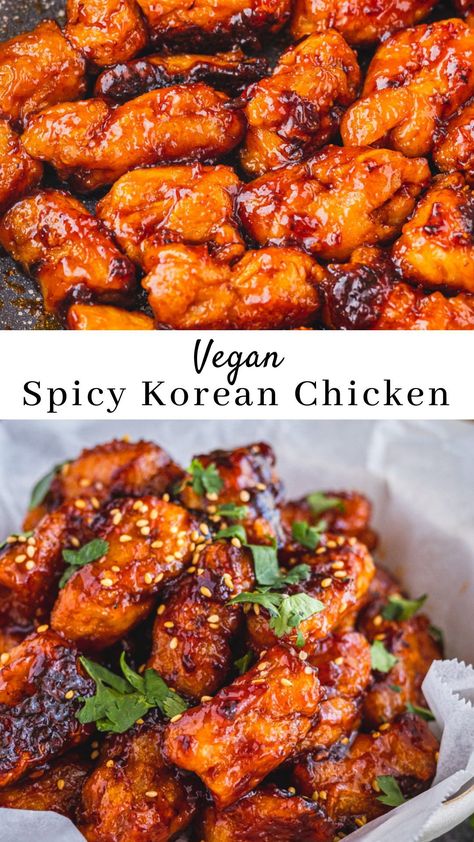 Here’s a quick and easy recipe for vegan Spicy Korean Chicken. It’s sweet, savory, spicy and packed full of flavor! A delicious recipe that can be made in 20 minutes! Chicken Soo Guy, Vegan Chicken Recipes, Spicy Korean Chicken, Vegan Meat Substitutes, Vegan Asian Recipes, Vegetarian Chicken, Korean Chicken, Vegan Meat, Vegan Chicken