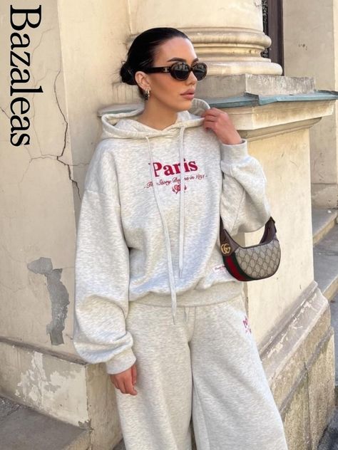 2024 Traf Loose Sweatshirt Store Punk Hoodies  Casual Lady Pullover With Hat Y2K Letter Red Paris Hat Y2k, Paris Embroidery, Grey Sweatshirt, Paris, Embroidery, Sweatshirts, Hats, Grey, Red