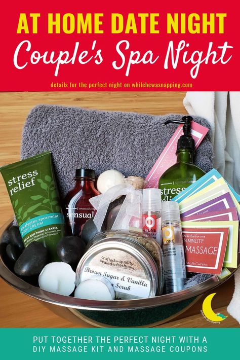 An at home spa date night will leave you and your sweetie feeling relaxed, reconnected and rejuvenated. Massage coupons and oils are just the beginning.    #datenightideas #dateideas #athomedatenight #athomedateideas #spanight Couples Spa Night, Spa Date Night, Spa Date, Vanilla Scrub, Massage Kit, Diy Massage, Couples Spa, At Home Date Night, Home Date Night