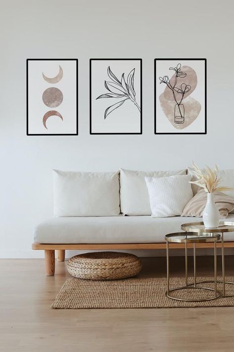 Minimalistic Prints, Apartment 2023, Art Triptych, Wall Layout, Above Bed Art, Aesthetic Moon, Bed Art, Triptych Wall Art, Procreate Art