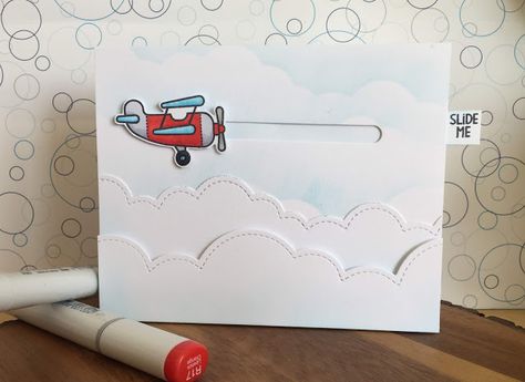 Plane Crafts, Bon Voyage Cards, Planes Birthday, Diy Stencils, Airplane Crafts, Cloud Stencil, Anniversaire Diy, Slider Cards, Lawn Fawn Stamps