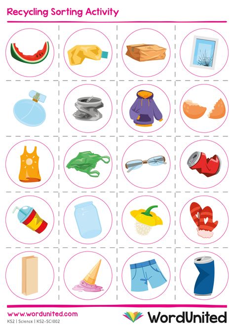 Learn how to recycle with this sorting activity! Kids can cut out the different objects and place them next to the correct bin. Develop fine motor skills whilst increasing environmental awareness. Supports the following area of learning within Key Stage 2: Science. Recycling Sorting Activity, Sampah Organik Dan Anorganik, Free Science Printables, Recycling Games, Senses Preschool, Recycling Activities, Preschool Designs, Apple Preschool, Key Stage 2