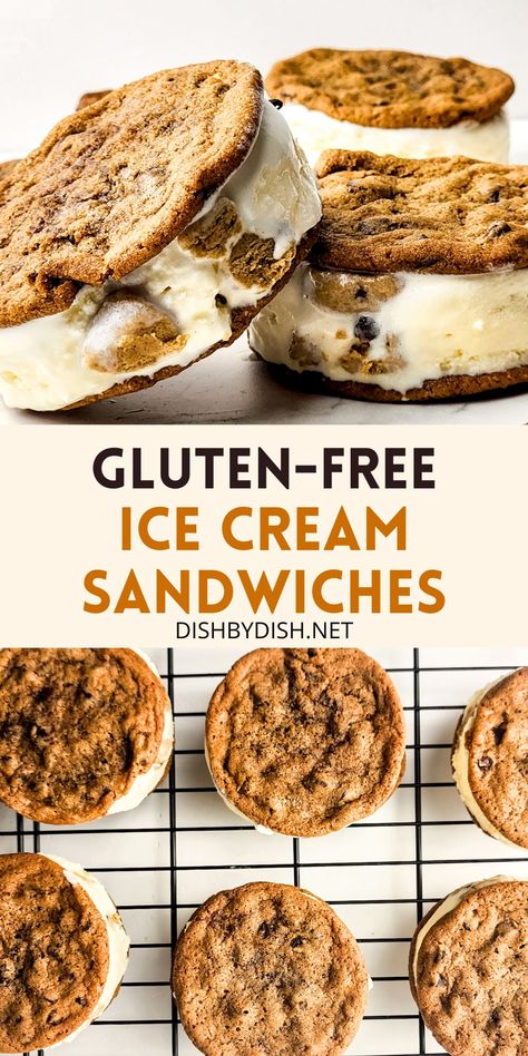 You'll love these gluten-free ice cream sandwiches! With cookie dough ice cream sandwiched between two homemade chocolate chip cookies, these are the perfect summertime sweet treat! Gluten Free Ice Cream Sandwich, Gluten Free Ice Cream, Homemade Chocolate Chip Cookies, Cookie Dough Ice Cream, Gluten Free Chocolate Chip Cookies, Ice Cream Cookie Sandwich, Ice Cream Sandwiches, Gluten Free Cookies, Ice Cream Sandwich