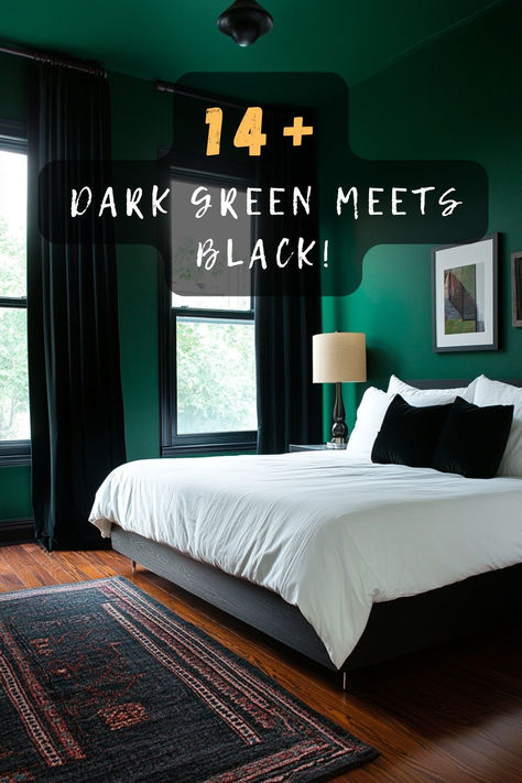 Discover how dark green meets black in bedroom decor for an elegant vibe. Curious about this sophisticated color combo? Click to explore stunning design ideas! 🌑🌿 #DarkGreenBedroom #BlackBedroom #ElegantVibes #BedroomDecor #ColorCombo Monochrome Green Room, Dark Green Ceiling Bedroom, Dark Green Small Bedroom, Green Ceiling Bedroom, Dark Green Ceiling, Green And Black Bedroom Ideas, Dark Green Bedroom Walls, Dark Green Bedrooms, Emerald Green Bedroom Ideas