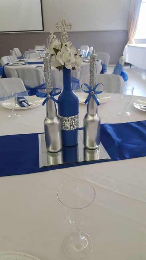 Silver And Royal Blue Decorations, Blue Silver Wedding Decorations, Blue Silver Table Decor, Royal Blue Centerpieces Party, Royal Blue And Silver Party Decorations For Men, Blue 50th Birthday Ideas, Royal Blue And Silver Wedding Ideas, Royal Blue Silver And White Wedding, Blue And Silver Centerpieces Party Ideas