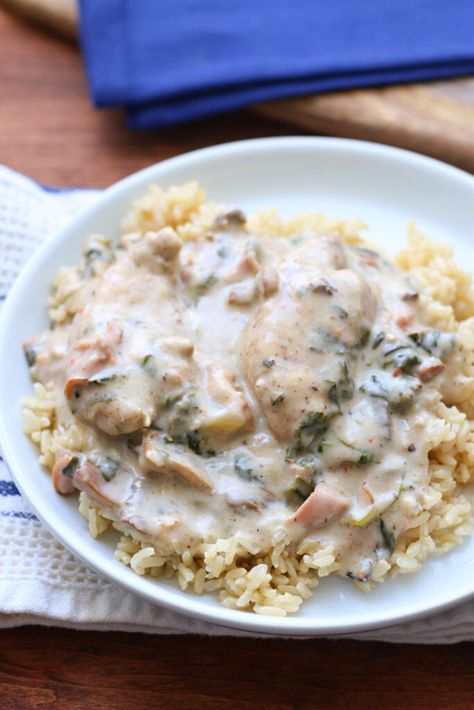 Fancy Pants Chicken, Spinach And Mushrooms, Chicken Tenderloin, Chopped Ham, Chicken Tenderloins, Italian Salad Dressing, Spinach Stuffed Mushrooms, Sliced Mushrooms, Slow Cooking