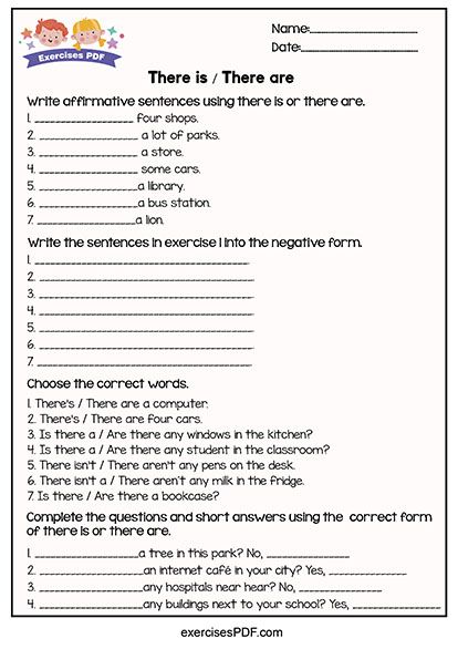 Write affirmative sentences using There is or There are Tenses Exercises, English Grammar Exercises, English Grammar For Kids, Practice English, Simple Past Tense, Grammar For Kids, Grammar Exercises, English Exercises, Learning English For Kids