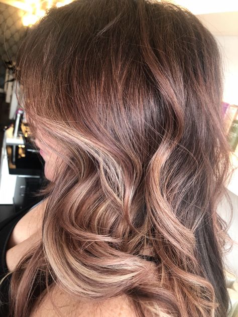 Brown Hair With Rose Gold Highlights, Subtle Rose Gold Hair Brunette, Rose Beige Hair, Pink Brown Hair Color, Rose Gold Highlights Brunette, Chocolate Rose Gold Hair, Rose Gold Hair Balayage, Rose Brown Hair, Boutique Hair Salon