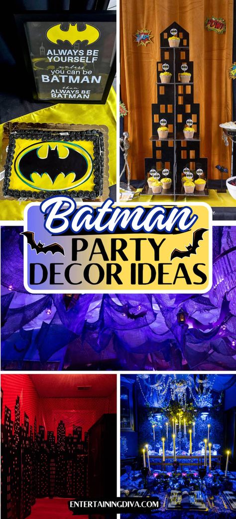 Batman Party Decor Ideas | Parties Batman Party Ideas, Halloween Scene Setters, Batman Theme Party, Batman Party Decorations, Asylum Halloween, Party Ideas For Adults, Batman Decor, Batman Halloween, Themed Party Ideas