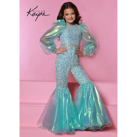 Johnathan Kayne Childrens Sequin Jumpsuit Tags: Semi Formal Wedding Guest, Pageant, Tall Height, C307, Johnathan Kayne, Sequined, Size 10, Floor Length, Jumpsuit, Size M, Blue Iridescent Organza, Organza Puff Sleeves, Organza Styles, Bell Bottom Jumpsuits, Frocks For Kids, Pageant Outfits, Johnathan Kayne, Dance Outfit, Gaun Fashion