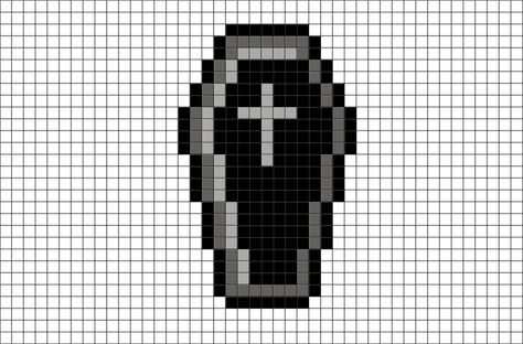 Black Coffin Pixel Art from BrikBook.com #Black #Coffin #Scary #Halloween #pixel #pixelart #8bit Shop more designs at http://www.brikbook.com Acnh Coffin Design, Pixelated Art Easy, Coffin Cross Stitch, Coffin Pixel Art, Grim Reaper Pixel Art, Pixel Halloween Art, 8 Bit Pixel Art Pattern, Bat Pixel Art, Scary Pixel Art